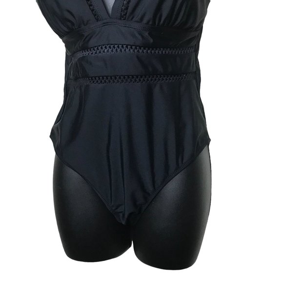 Tempt Me Black One Piece Swimsuit Sleeveless V Neck Peekaboo Panels Size Medium - Picture 5 of 6